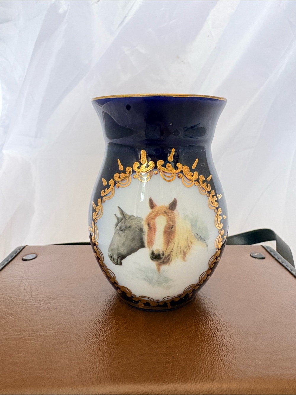 MOGA Romania Porcelain Horse Portrait Ceramic Vase in Cobalt Blue and Gold Trim